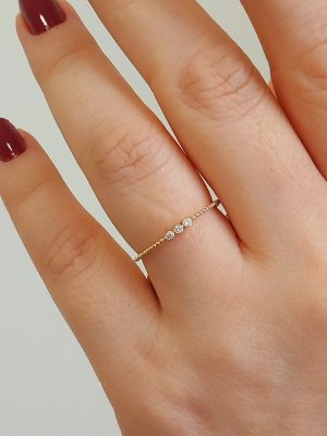 14K Gold Diamond Minimal Bubble Ring | Anniversary Gold Ring with Three Diamonds | 18K Gold Tiny Diamond Bubble Ring | Diamond Stacking Ring