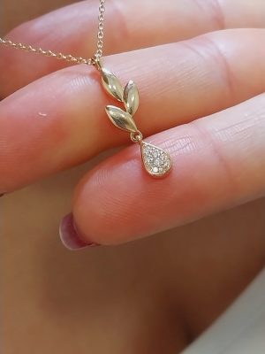 Dainty Special 14k Gold Leaf Style Necklace |18k Gold Dainty Diamond Drop on Leaf Shaped Pendant | Handmade Geniue Diamond Women Necklace | Besfriend Gift