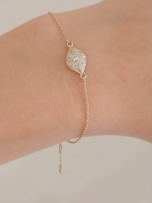 14K Gold Evil Eye Shaped Bracelet | 18K Gold Good Luck Bracelet with Diamond | Best Friend Gift