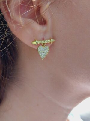 Dainty 14K Gold Heart Shaped Earring in Diamond with Arrow | 18K Gold Dainty  Love Arrow Earring