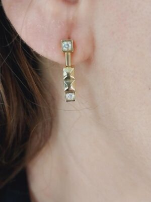 14K Gold Diamond Cube Earrings | 18K Gold Elegant Earrings | Gold Diamond Earrings Extending from the Ear | Mother Day Gifts