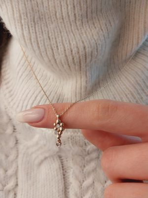 14k Gold Leaf Style Necklace | 18k Gold Dainty Diamond Drop on Leaf Shaped Pendant | Handmade Geniue Diamnd Women Necklace | Bestfriend Gift