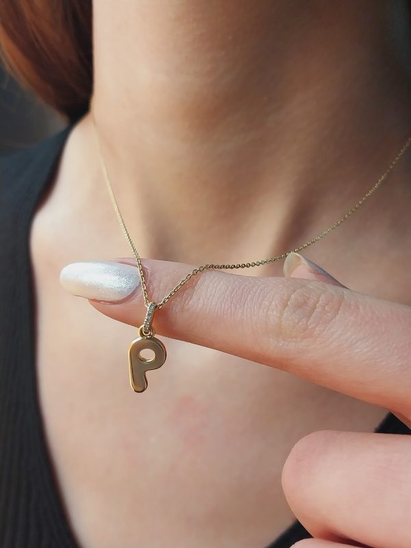 14K Gold Name Necklace with Diamond Accent | 18K Gold Personalized Necklace | Bubble P Gold Personalized Necklace with Diamond