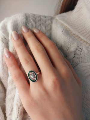 14K Gold Green Enameled Diamond Ring | Elegant Vibrant Design | 18K Gold Enameled Diamond Classic Ring | Timeless Refined | OvalShaped Ring