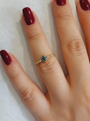 Timeless14K Gold Cross Diamond Band Ring | Elegant and Spiritual | Twisted Rope Band Cross Ring with Blue Diamond | Unique Design