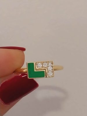 Elegant 14K Gold Green Enamel Diamond Ring | Timeless 18K Gold Classic Diamond Ring