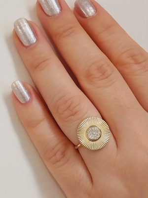 Classic Gold Round Stripped Ring with Diamonds | Dainty Gold Disc Ring with Diamonds | Elegant & Timeless | Subtle  Stylish